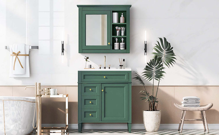 Red Barrel Studio® Modern Single Sink Bathroom Vanity Set With Drawers & Mirror Cabinet | Wayfair added by Olivia Brandel