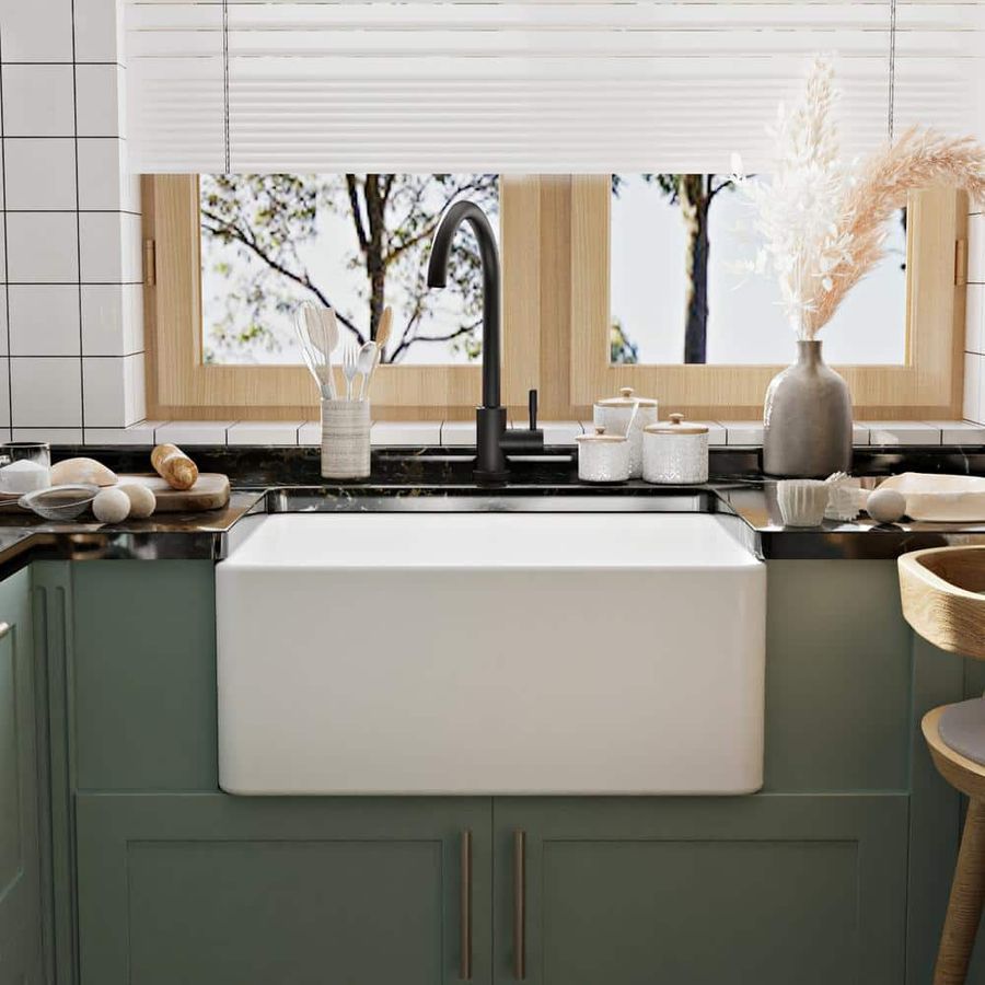 DEERVALLEY Perch White Fireclay 24 in. L x 18 in. W Rectangular Single Bowl Farmhouse Apron Kitchen Sink with Grid and Strainer DV-1K501 - The Home Depot added by Nora Chartrand