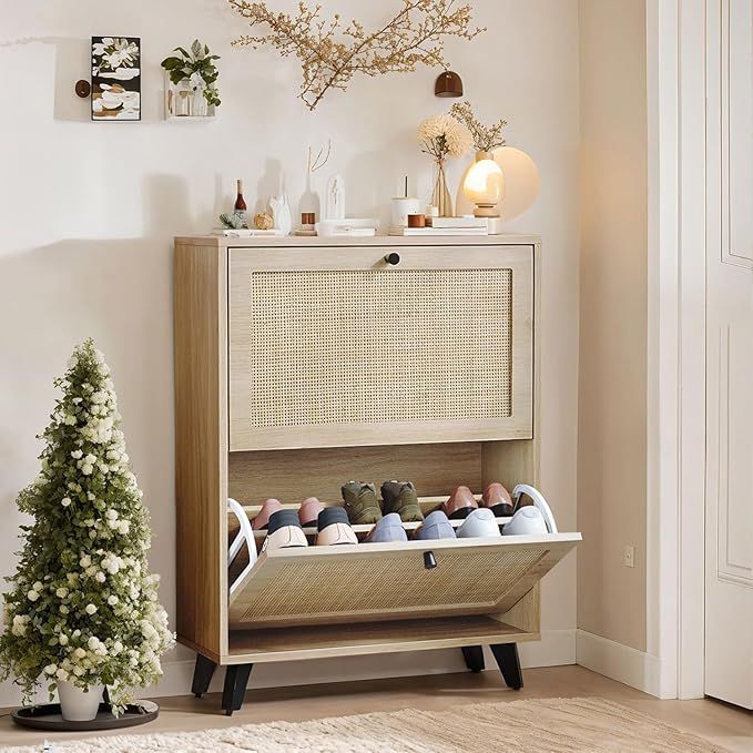 Angel Sar Rattan Shoe Cabinet for Entryway, Slim Shoe Storage Cabinet with 2 Flip Drawers, Hidden Shoe Organizer, Shoe Rack Cabinet with Metal Legs, Natural Wood added by KATHERINE ECK