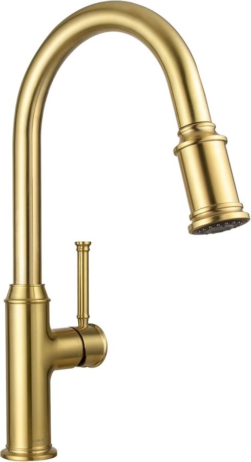 Lava Odoro Curtura Gold Kitchen Faucet with Pull Down Sprayer, Gold Single Handle Kitchen Sink Faucet, Brushed Brass Faucet for Kitchen Sink 1 Hole and 3 Hole, Deck Plate Included, KF421-SG added by Erica Ramon