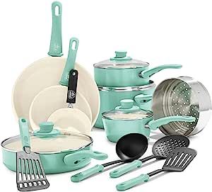 GreenLife Soft Grip Healthy Ceramic Nonstick 16 Piece Kitchen Cookware Pots and Frying Sauce Pans Set, PFAS-Free, Dishwasher Safe, Turquoise added by Madeline Wood