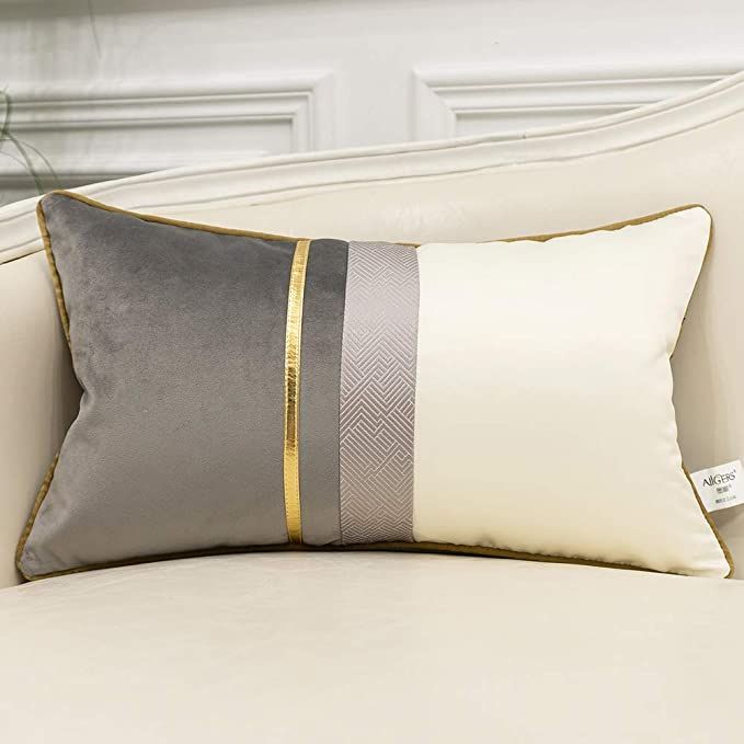 Avigers 12 x 20 Inches Gray White Gold Leather Striped Patchwork Velvet added by Corronta Dow