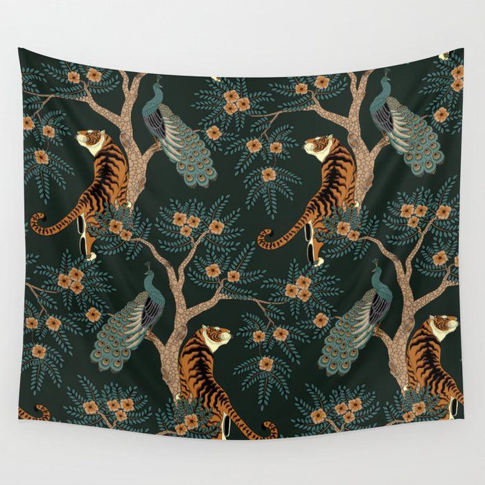 Vintage tiger and peacock Wall Tapestry by Julyis added by Morgan Bierbaum