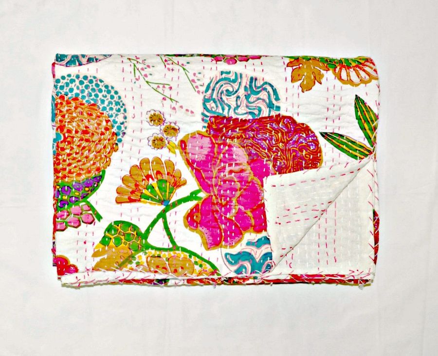 White Tropical Kantha Quilt in Queen Size Bohemian Kantha | Etsy added by Lauren Thorp