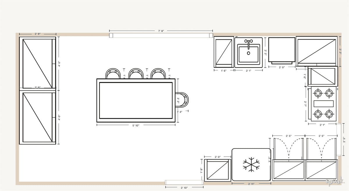 Large Rectanglar Kitchen Floor Plan designed by Meghan Daniel