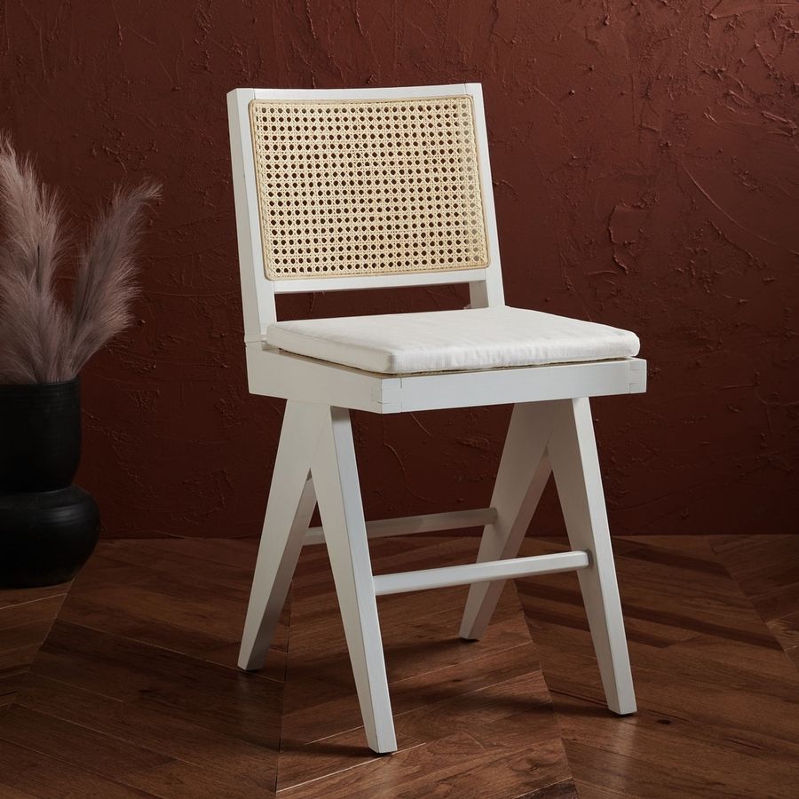 SAFAVIEH Couture Colette Rattan 22-inch Counter Stool - 18 in. W x 23 in. D x 38 in. H - White/Natural added by Bethesda Contracting