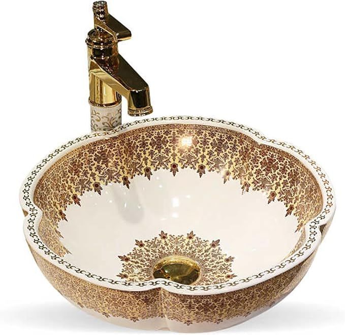 Arabic Style White Ceramic Bathroom Vessel Sinks with Gold Flower Decoration for Vanity Top Sink added by Angelique Dimond