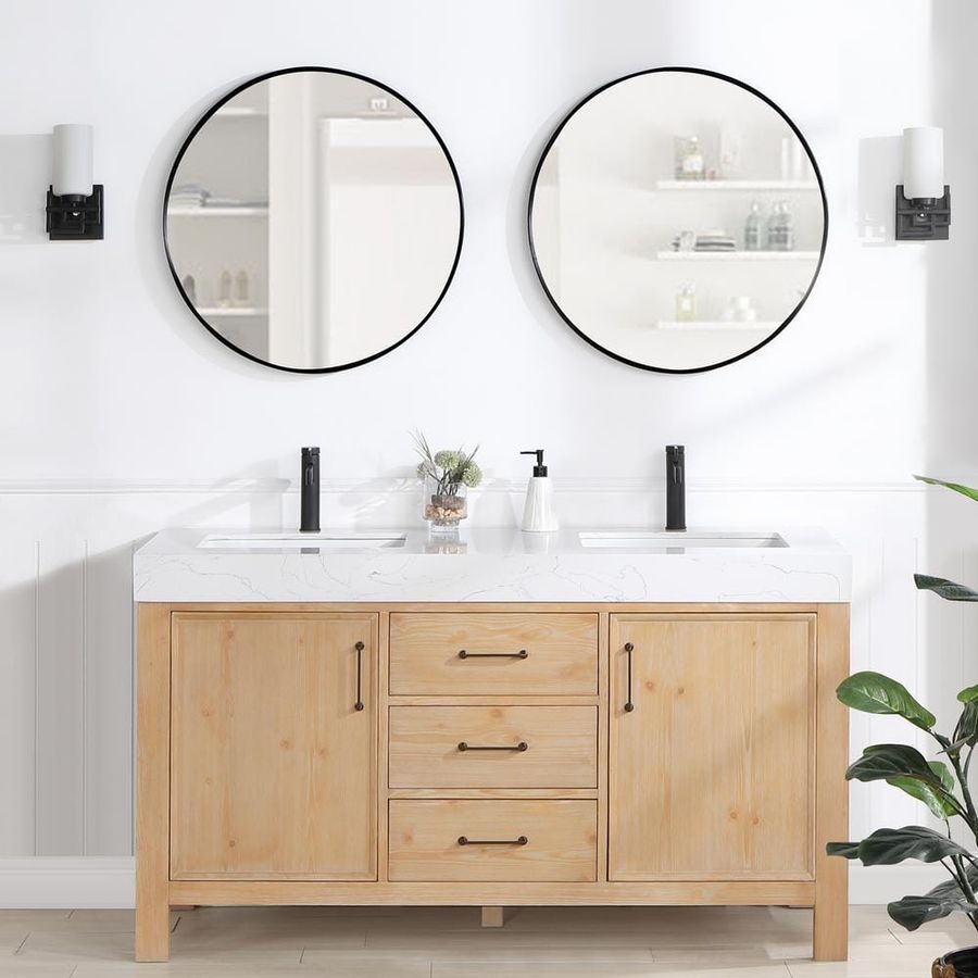ROSWELL León 60 in.W x 22 in.D x 34 in.H Double Sink Bath Vanity in Fir Wood Brown with White Composite Stone Top 803860M-FN-LWN - The Home Depot added by Brittany Vink