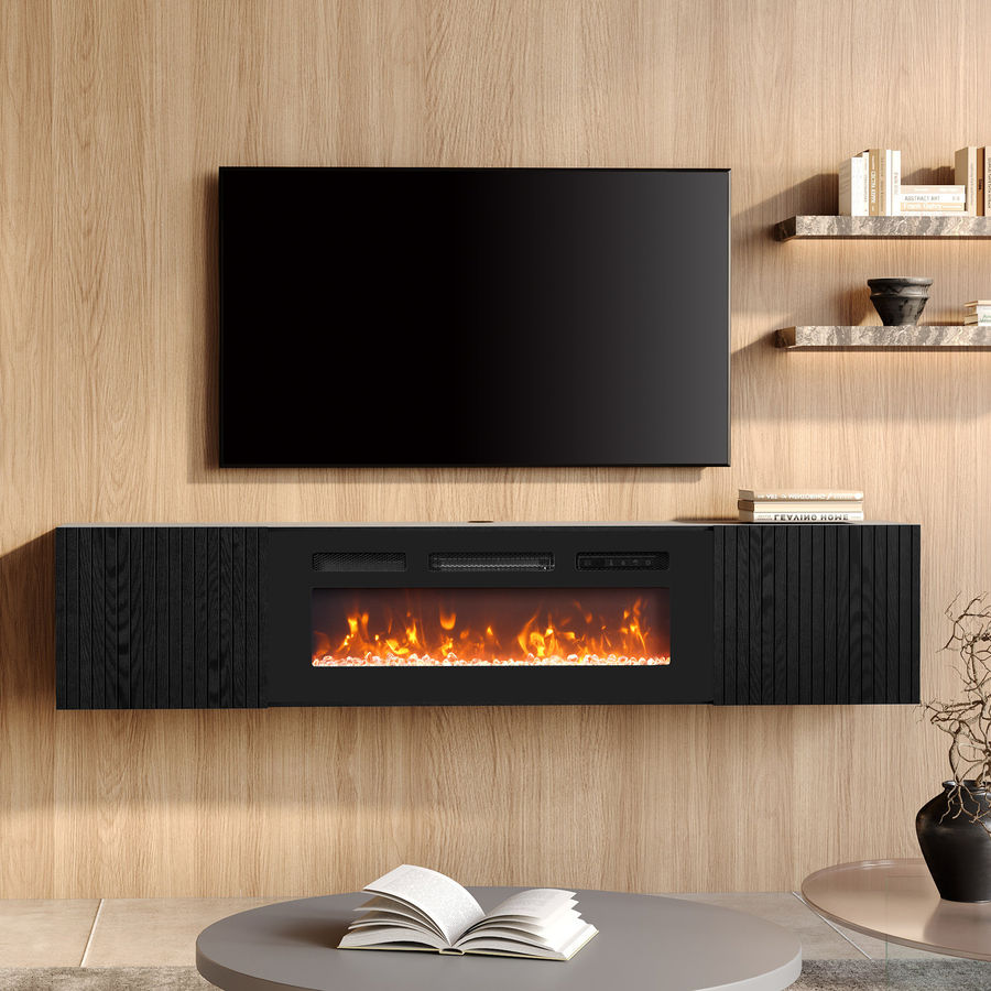 Latitude Run® Modern Floating Tv Stand With Electric Fireplace, Media Console For Tvs Up To 80", Wood Entertainment Center With 36" Fireplace, Fireplace Tv Shelf Cabinet For Living Room, Bedroom, Black | Wayfair added by Allison Cray