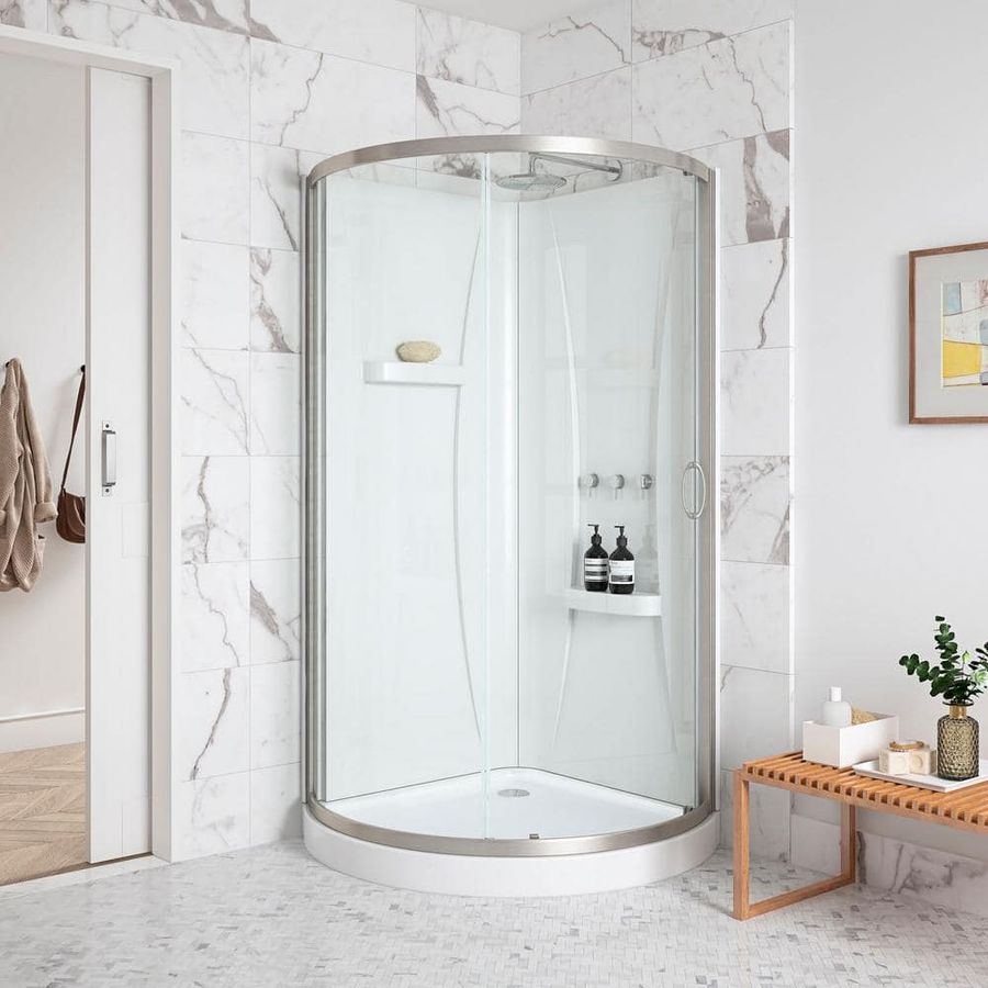 OVE Decors Breeze 38 in. L x 38 in. W x 77.36 in. H Corner Shower Kit with Clear Framed Sliding Door in Satin Nickel 15SKA-BREE38-SA - The Home Depot added by HELEN SALGADO