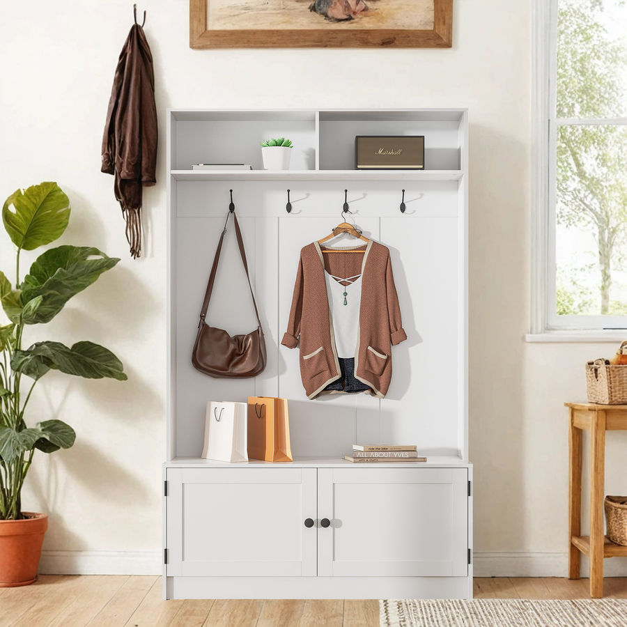Winston Porter Hall Tree With Storage Bench, 65" Tall Entryway Bench With Shoe Storage, Coat Rack And Top Shelf, Freestanding Wooden Hall Tree With Bench For Entryway, And Hallway | Wayfair added by Jenn Reel