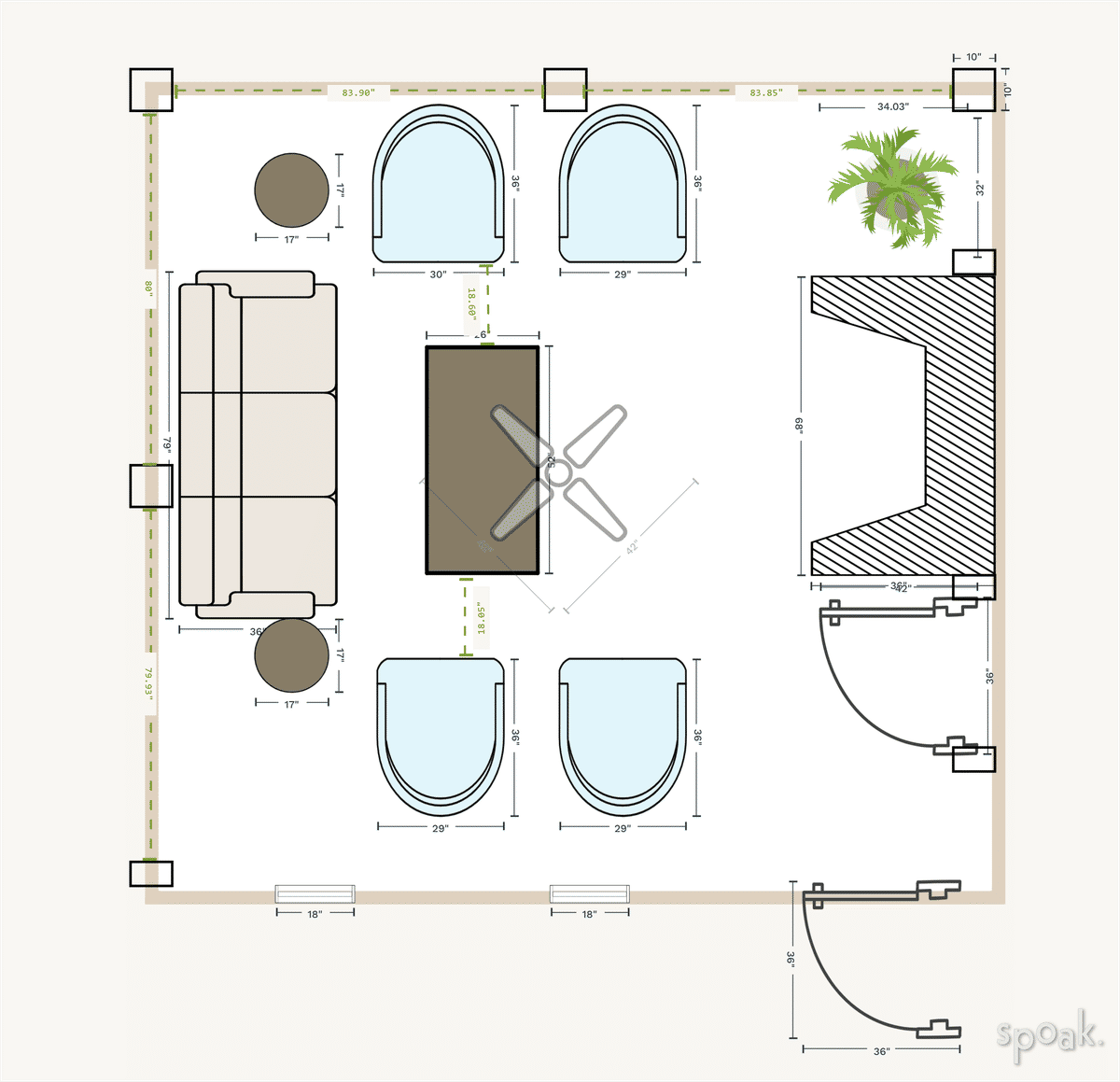 Square Living Room Layout designed by Kim Bowman