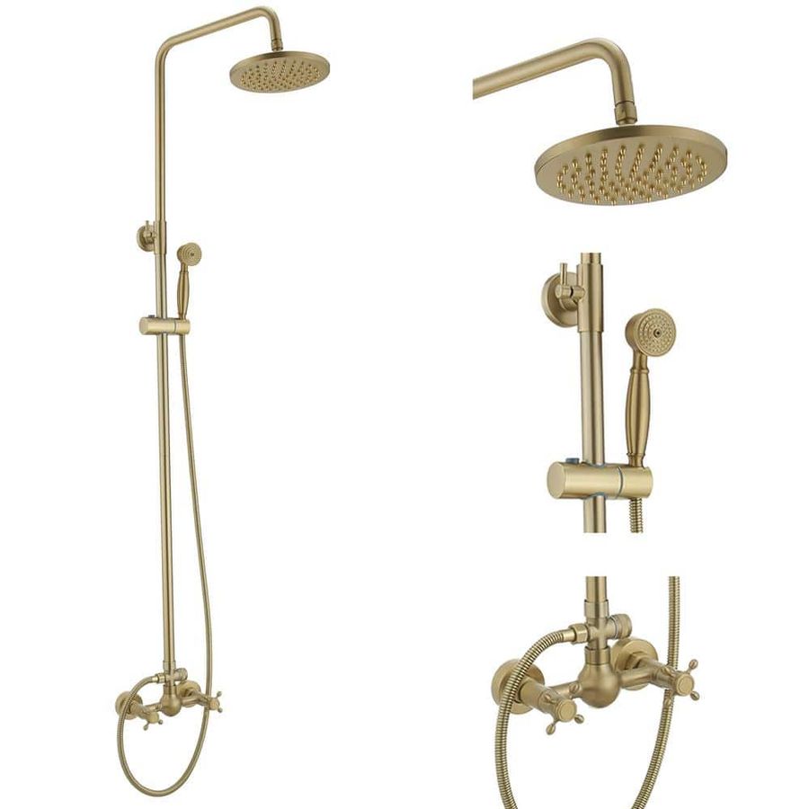 BWE 2-Spray Wall Bar Shower Kit 8 in. Round Rain Shower Head with Hand Shower Brass Pipe 2 Cross Knobs in Brushed Gold A-98023-BG - The Home Depot added by Erin Herston