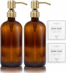 Vine Creations Amber Glass Soap Dispenser 2 Pack, Thick 16oz Bottles Rustproof Stainless Steel Pump, Modern Farmhouse Vintage Jar, Bathroom Kitchen Accessories, with Waterproof Labels (Brushed Gold) added by Chelsea Alysa