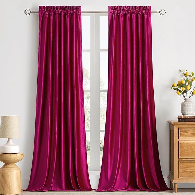 PRIMROSE Hot Pink Curtains 84 inch for Living Room Velvet Blackout Rod Pocket Window Drapes Treatment Semi Room Darkening Decorative Curtains for Bedroom Set of 2 Panels added by Tiana Olivo