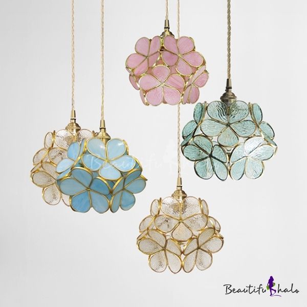 Beautiful Flower Pendant Light Beautiful Blue/Clear/Sky Blue/Pink Glass Hanging Lamp for Girl Bedroom added by Spoak Member