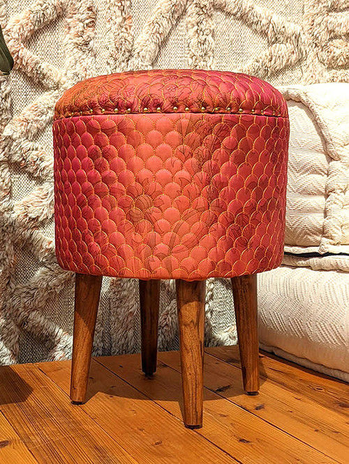 ADA One of a Kind Quilted Upcycled Silk Bohemian Wood Box Stool in Iridescent Red added by HELEN SALGADO