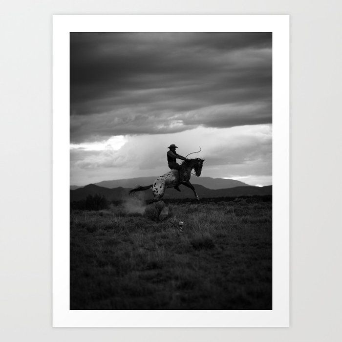 Black and White Cowboy Being Bucked Off Art Print by Moody Landscapes added by Mackenzie Fleck