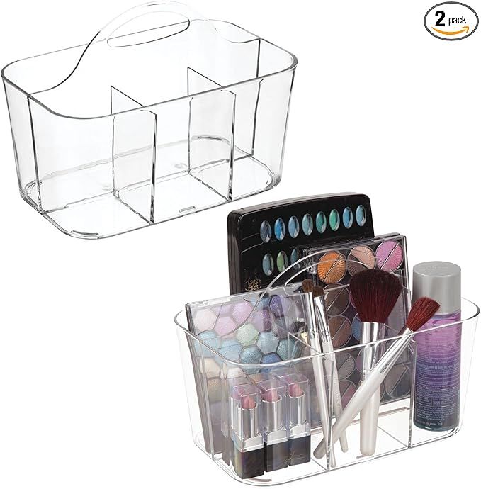 mDesign Plastic Makeup Storage Organizer Caddy Tote, Divided Basket Bin, Handle for Bathroom, Hold Eyeshadow Palettes, Nail Polish, Brushes, Shower Essentials, Small, Lumiere Collection, 2 Pack, Clear added by Rachel Fedorov