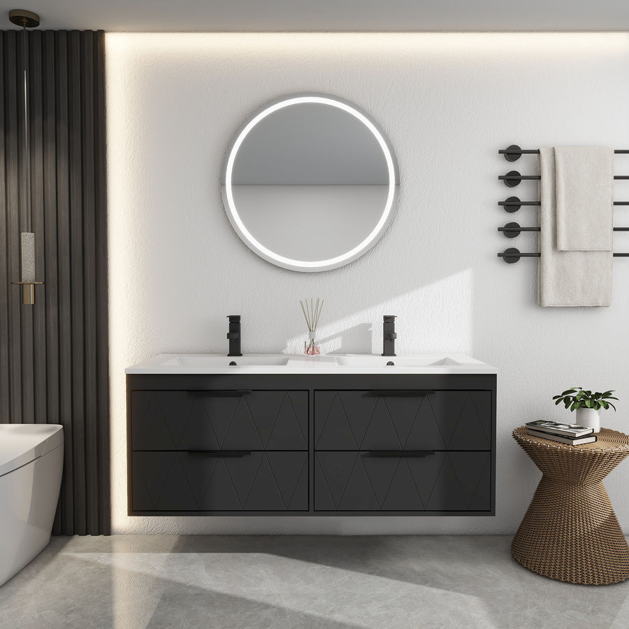 Wade Logan® Bathilde 48" Modern Wall-Mount Double Sink Bathroom Vanity with Resin Top, Zinc Alloy Faucet, Painted Floating Cabinet, Soft-close Drawers  & Reviews | Wayfair added by Rickie Mincy