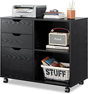 DEVAISE 3-Drawer Wood File Cabinet, Mobile Lateral Filing Cabinet, Printer Stand with Open Storage Shelves for Home Office, Black added by Madeline Wood