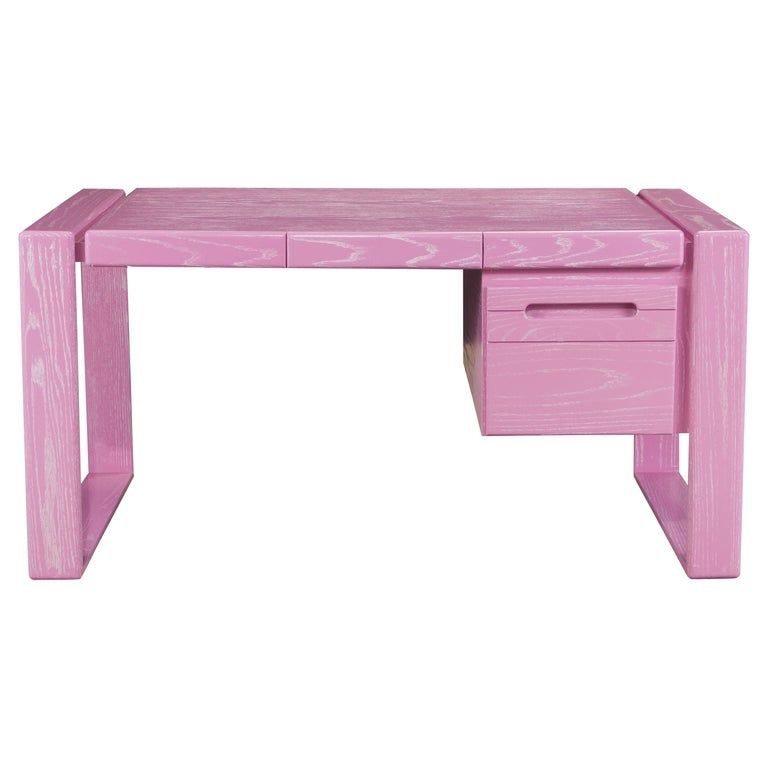 Lou Hodges California Modern Pink Cerused Oak Desk, 1978, Signed added by Hayley Andreesen
