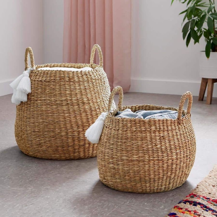 StyleWell Round Natural Water Hyacinth Decorative Baskets with White Tassels (Set of 2) BA1904115-PP1 - The Home Depot added by Spoak 