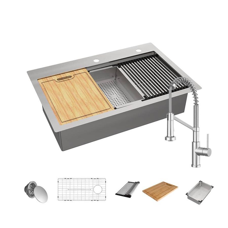 Glacier Bay Dolancourt Tight Radius 33 in. Drop In Single Bowl 18G Stainless Steel Workstation Kitchen Sink with Spring Neck Faucet FSD2R3322B1 - The Home Depot added by Katie Crum