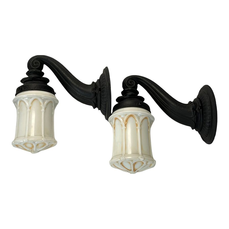 Pair 1900s Curved Arm Sconces With Neo Gothic Shades #2307 added by Egina Manachova/Silverbark Studio