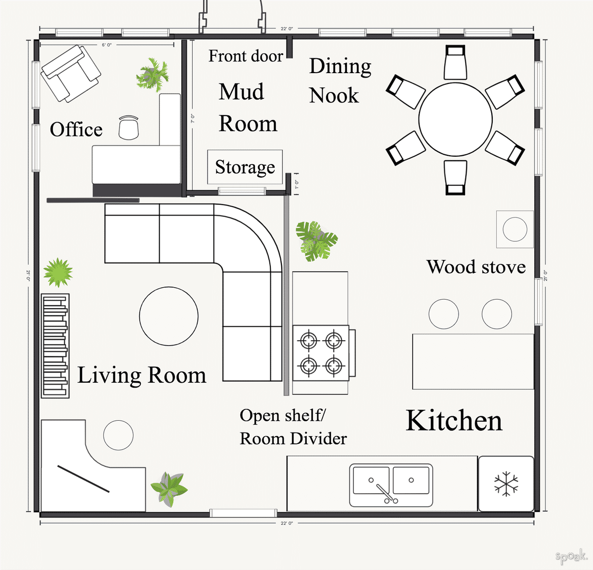 Kitchen + living room layouts and floor plan ideas.