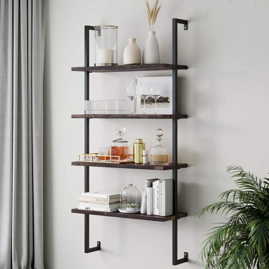 Nathan James Theo Nutmeg Brown 4-Shelf Wood 64 in. Black Pipe Metal Frame Floating Wall Mount Shelves Bookcase 65701 - The Home Depot added by Elevated by Elise LLC