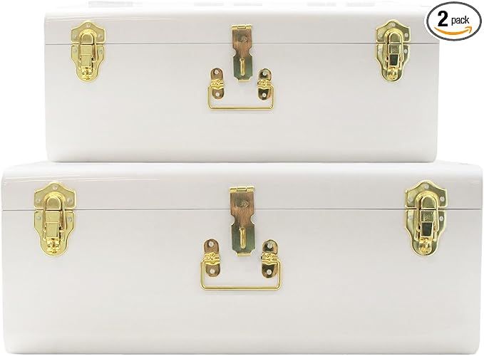 White Trunks Set of 2 - Vintage Style Storage w/Gold Finish Handles & Locks - Space Saving Organizer Home Dorm & Office Use added by Jessica Koczwara