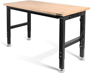 WORKPRO 48" Adjustable Workbench, Rubber Wood Top Heavy-Duty Workstation, 2000 LBS Load Capacity Hardwood Worktable with Power Outlets, for Workshop, Garage, Office, Home added by Spoak Member