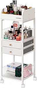 VIVOHOME Makeup Organizer with Drawers, Cosmetics Display Cases, 2 Shelves Floor Skincare Organizer Cart, Vanity Organizer Holder for Perfumes, Nail Polish, Hair Tools, Bags, Gift for Mom, White added by Nevine Amer
