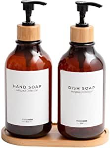 MaisoNovo Dish Soap Dispenser for Kitchen Sink w. Bamboo Pump and Soap Tray | Bathroom Soap Dispenser Set w. Dish Soap, Hand Soap, Lotion Waterproof Labels | Amber Set added by Chelsea Alysa