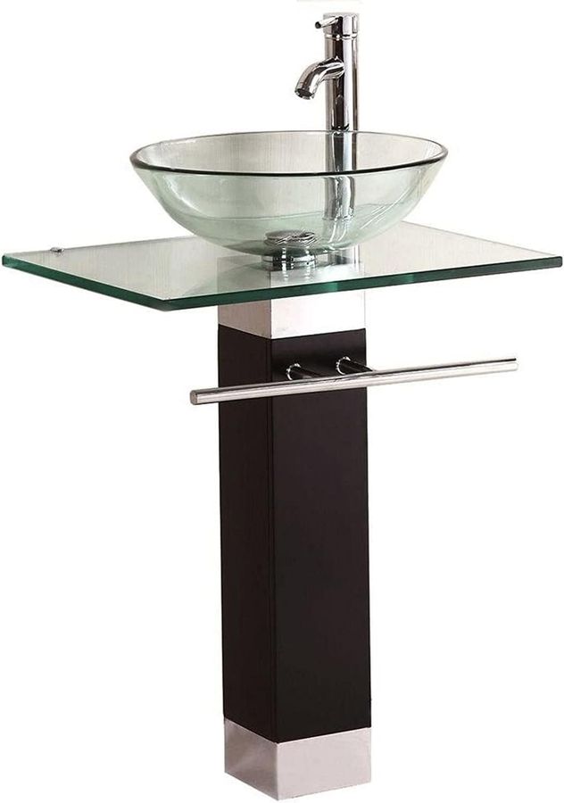 Modern Glass Sink Pedestal Stylish Clear Countertop Bathroom Vanity Combo with Vessel Sink, Wood Pedestal, Faucet and Drain Include (Black) added by Roxanna Montecillo