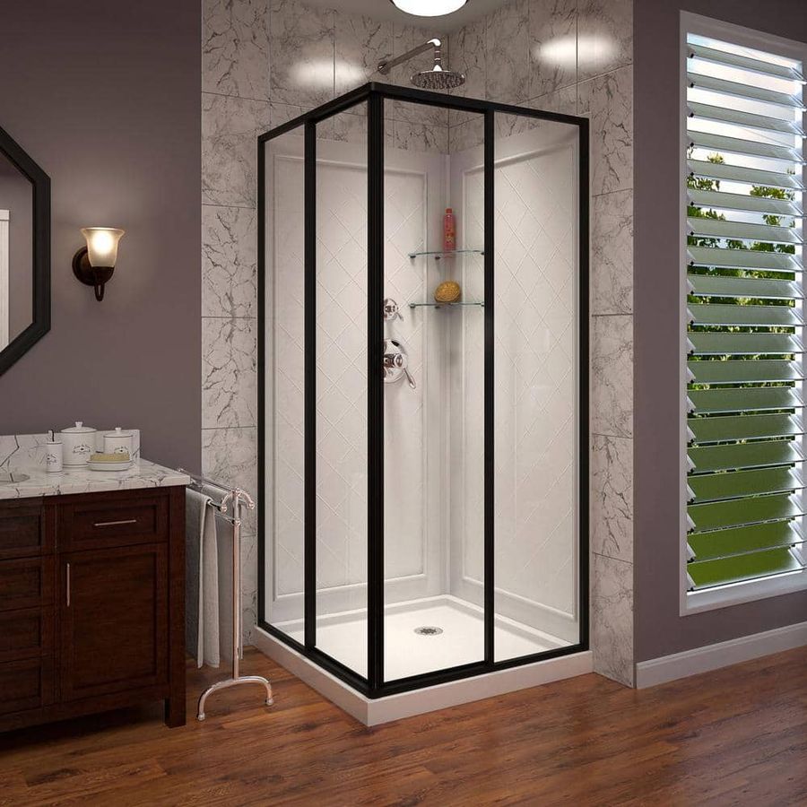 DreamLine Corner view 36 in. x 36 in. Framed Sliding Shower Kit in Satin Black with Shower Base in White Corner Drain DL-6150-09 - The Home Depot added by Jennifer Hitt