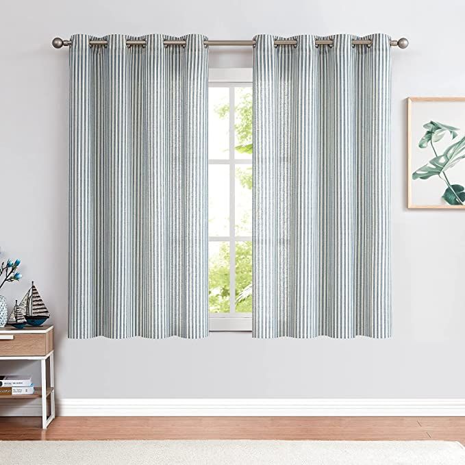 COLLACT Linen Curtains for Living Room Pinstripe Pattern Farmhouse Curtain Drapes Rustic Grommet Light Filtering Ticking Striped Window Curtains for Bedroom 2 Panels 63 Inch Length Blue on Beige added by Lainey Peltier