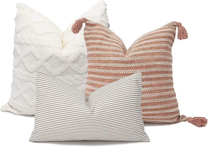 Modern Decorative Throw Pillow Covers Combination Set of 3 (20”x20”, 18”x18”, 12”x20”), Cushion Pillowcase for Sofa Bed Couch Farmhouse Home Decor (Plush Beige & Tassels Orange & Stripe Light Brown) added by KATHERINE ECK