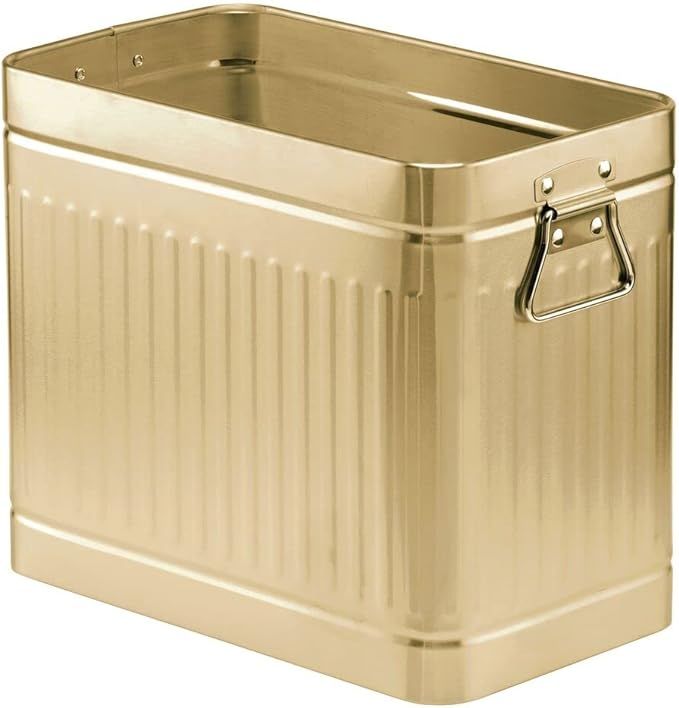 mDesign Decorative Retro Vintage Farmhouse Rectangle Metal Small Trash Can Wastebasket, Garbage Container Bin with Handles for Bathrooms, Powder Rooms, Kitchens - Oscar Collection, Soft Brass added by Sarah Jackson