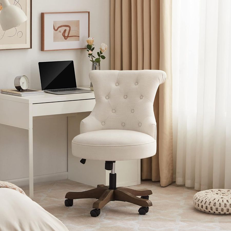 Home Office Chair Adjustable Height Swivel Chair with Wheels Linen Fabric Upholstered Computer Desk Chair with Wooden Legs Comfortable Armless Chair for Home Office Study Studio(Beige) added by Rebecka Miller