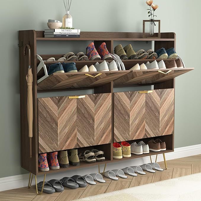 Vibe & Dine 4 Flip Drawer Shoe Cabinet, Mid Century Modern Shoe Organizer with Bottom Cubby, Hidden Shoe Cabinet with 2 Hooks, Freestanding Narrow Slim Shoe Rack Cabinet for Entryway, Foyer, Hallway added by Rachel Fedorov