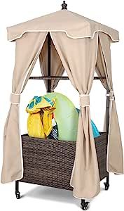 LUCKWIND Outdoor Pool Towel Valet Rack with Waterproof Cover, Poolside Accessory Storage Shelf, Movable PE Rattan Wicker Storage Organizer for Pool, Outdoor, Indoor, Patio (Black & Grey) added by Kate McKay Designs
