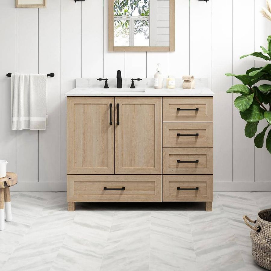 Glacier Bay Tobana 42 in. Single Sink Weathered Tan Bath Vanity with White Engineered Marble Top (Assembled) Tobana 42NO - The Home Depot added by Dogwood Home Design