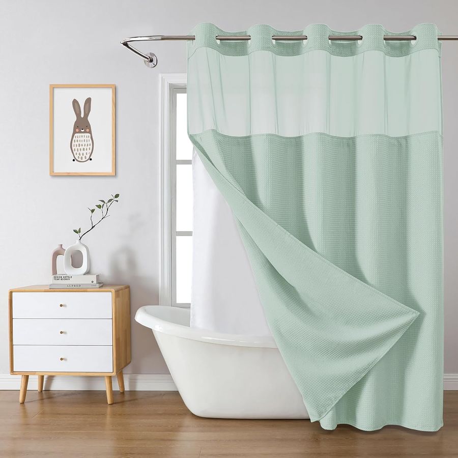 MintGreen Extra Long No Hook Waffle Weave Shower Curtain with snap-in Liner Replacement, 230GSM Waterproof Fabric Hotel Shower Curtain Set for Bathroom, Through Mesh Top Window,71Wx86H added by sallie tyler