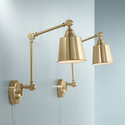 360 Lighting Mendes Antique Brass Swing Arm Plug-In Wall Lamps Set of 2 - #23R80 | Lamps Plus added by Sandy Schargel Interiors