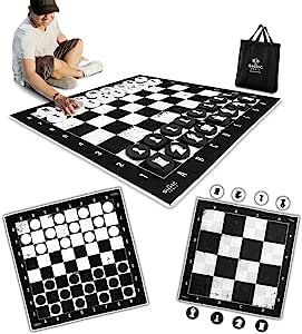 SWOOC Games - 3-in-1 Giant Checkers, Chess, & Chess Tac Toe Game with Mat (4ft x 4ft) - Machine-Washable Canvas & 5" Big Foam Discs - Giant Chess Set Outdoor & Checkers Board Game for Adults & Kids added by Ashley Genard