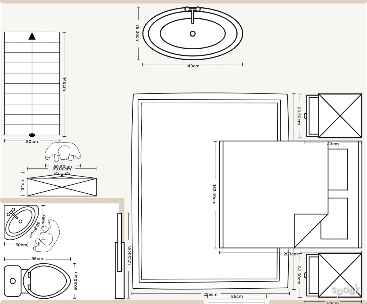 Square Bathroom Plan designed by Jane Bouet