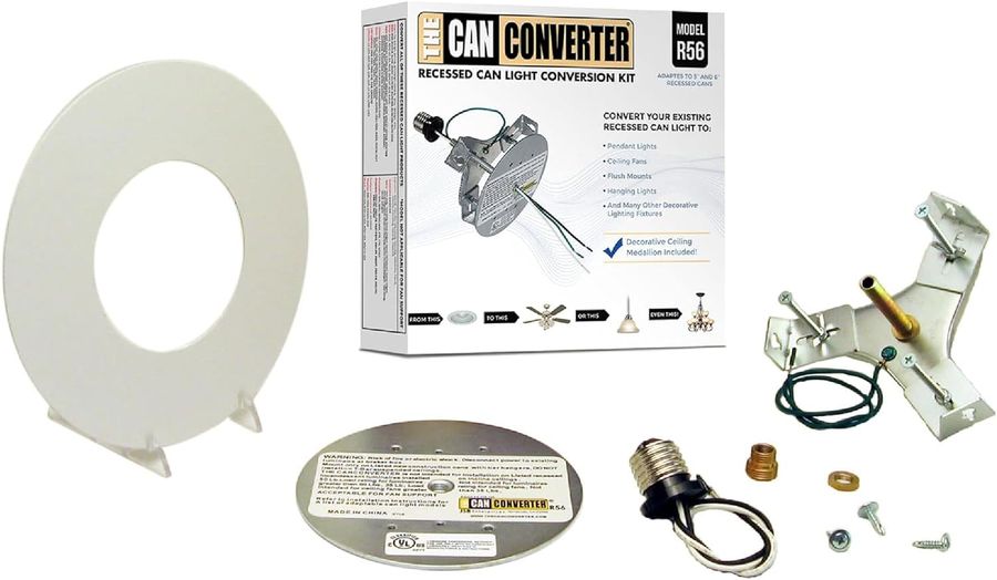R56, Recessed Can Light Conversion Kit, for Ceiling Light Fixture, Pendant Light, Hanging Light, Ceiling Fan, with 7’¾ Inch Flat, Steel, Ceiling Medallion, White added by Caitlyn Fitzpatrick