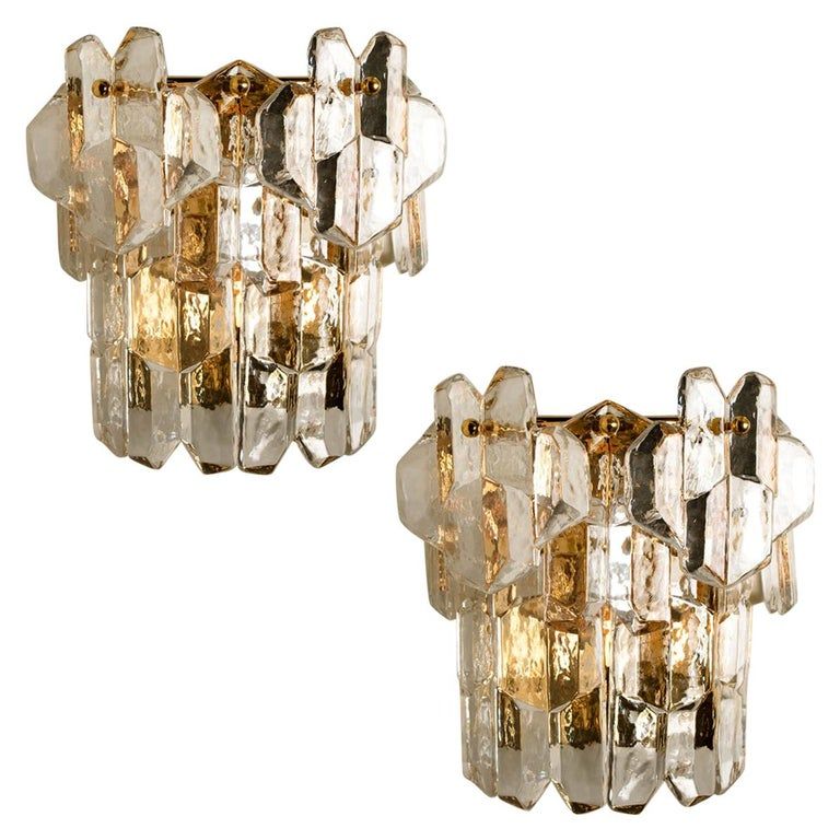 Pair of J.T. Kalmar 'Palazzo' Wall Light Fixtures Gilt Brass and Glass, 1970s added by Hayley Andreesen